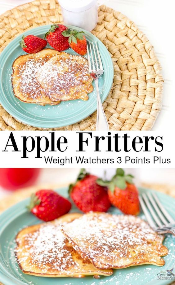 This golden & SKINNY No Fry apple fritters recipe is simple and delicious. Homemade with fresh apple slices, and an easy pancake batter. It is the best sweet treat, snack or a healthy breakfast! Perfect for those trying to lose weight with only 3 points plus on the weight watchers program.