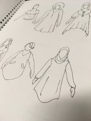 A set of six line-art figures in black pen, showing different top styles. There's a variety of body types and hairstyles, and most of the tops are loose and flowing.