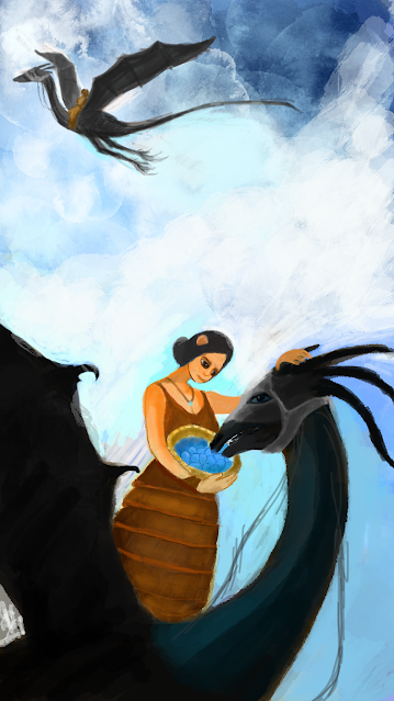 Woman feeding flying black animals with blue fruits in a fantasy landscape