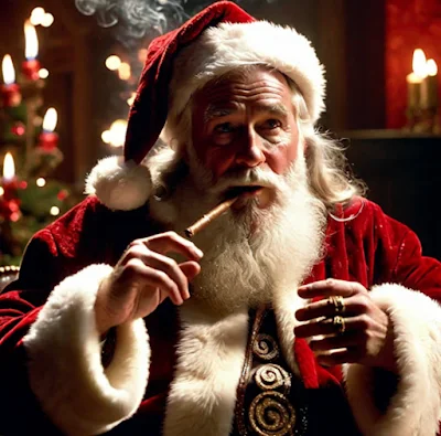 Classic Santa Claus smoking a cigar with a shocked look on his face like Mrs Claus called him