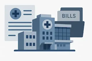 “Professional flat illustration of a medical report, a hospital building, and a bills folder labeled ‘80DDB’, in shades of blue and gray.”