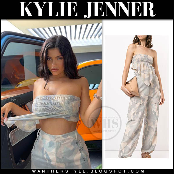 Kylie Jenner in camouflage print bandeau top and trousers