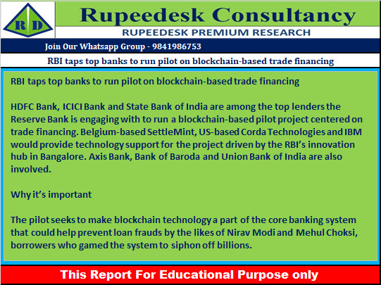 RBI taps top banks to run pilot on blockchain-based trade financing - Rupeedesk Reports - 23.06.2022