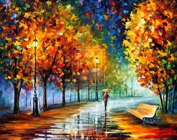 Leonid Afremov pinturas a óleo impressionista chuva outono noite cidade