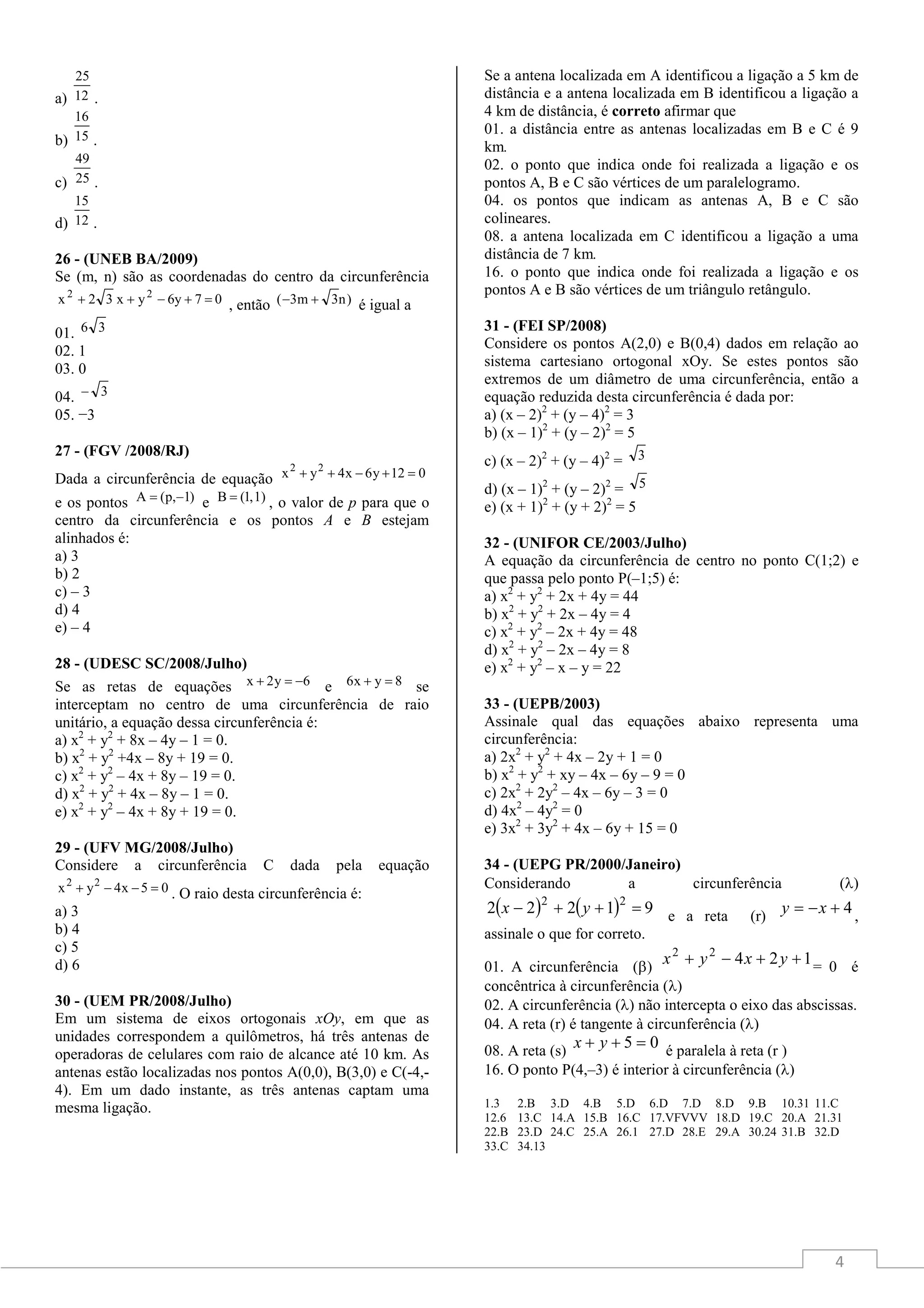 Exercícios retas e circunferências