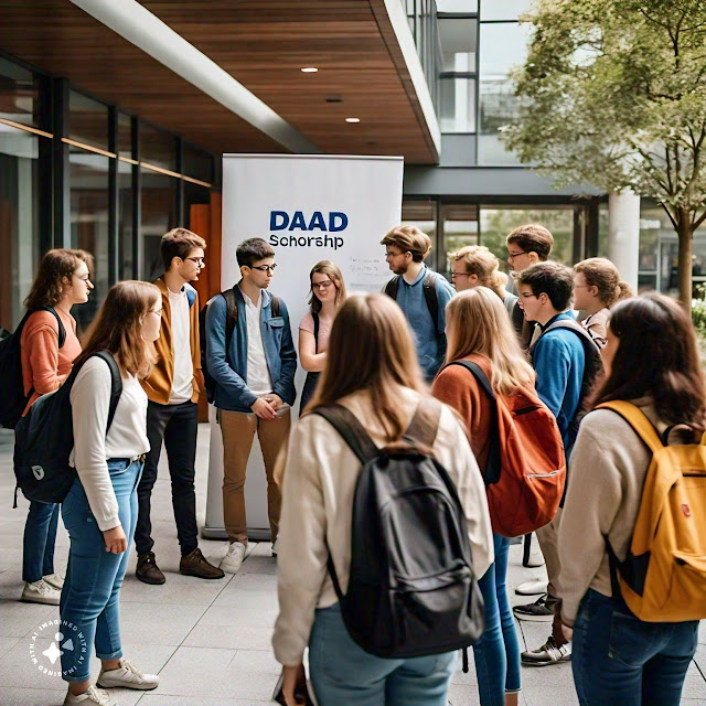 Image of a group of students from diverse backgrounds gathered around a globe, with the DAAD Scholarship logo and text 'DAAD Scholarship' on the image, representing the prestigious scholarship program for international students to study in Germany, promoting cultural exchange, academic excellence, and global understanding