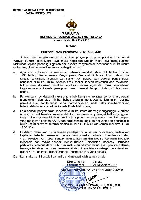 Jelang Aksi 212, Polri Keluarkan Maklumat, Makar Diancam Hukuman Mati