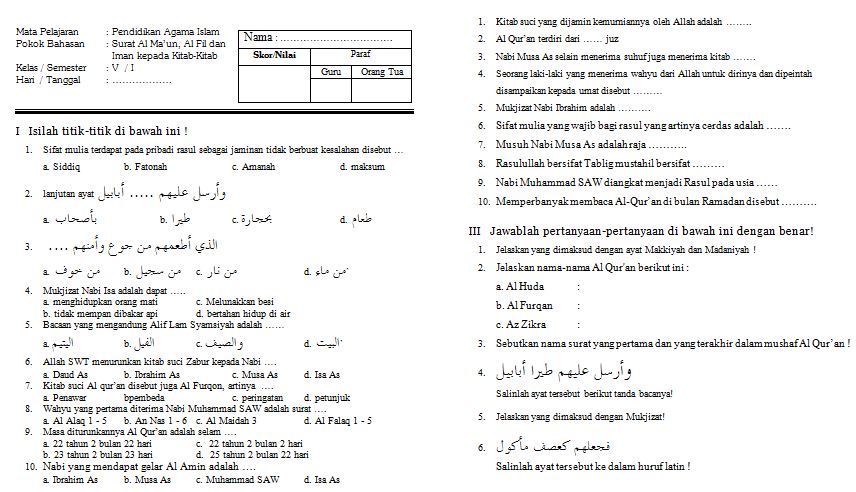 Contoh Soal  Ulangan Harian Mata Pelajaran Pendidikan Agama  