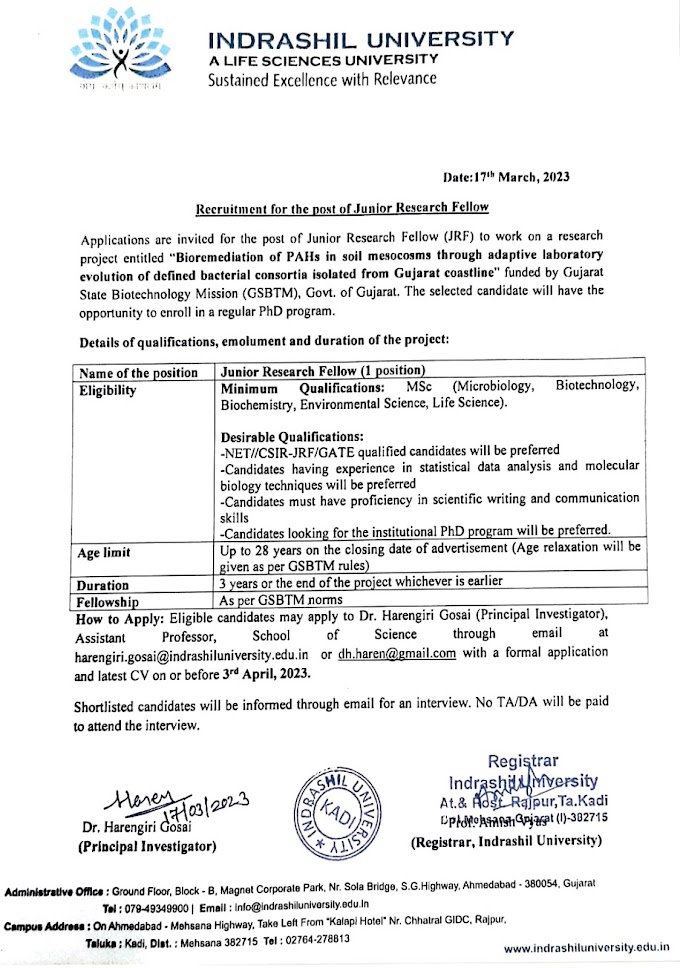 Biotech/Microbiology JRF Opening @ Indrashil University 