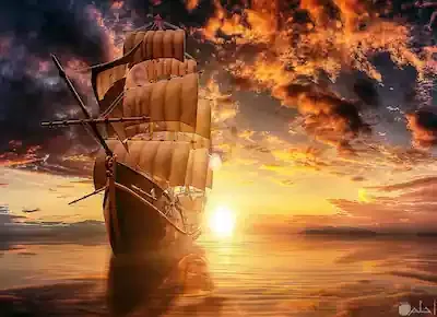 سفينة أو مركب قديمة بأشرعة في البحر وخلفها جزيرة