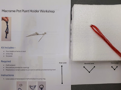 Instructions for a one-twelfth scale miniature macrame plant hanger, with the hanger pinned to a styrofoam board next to it.