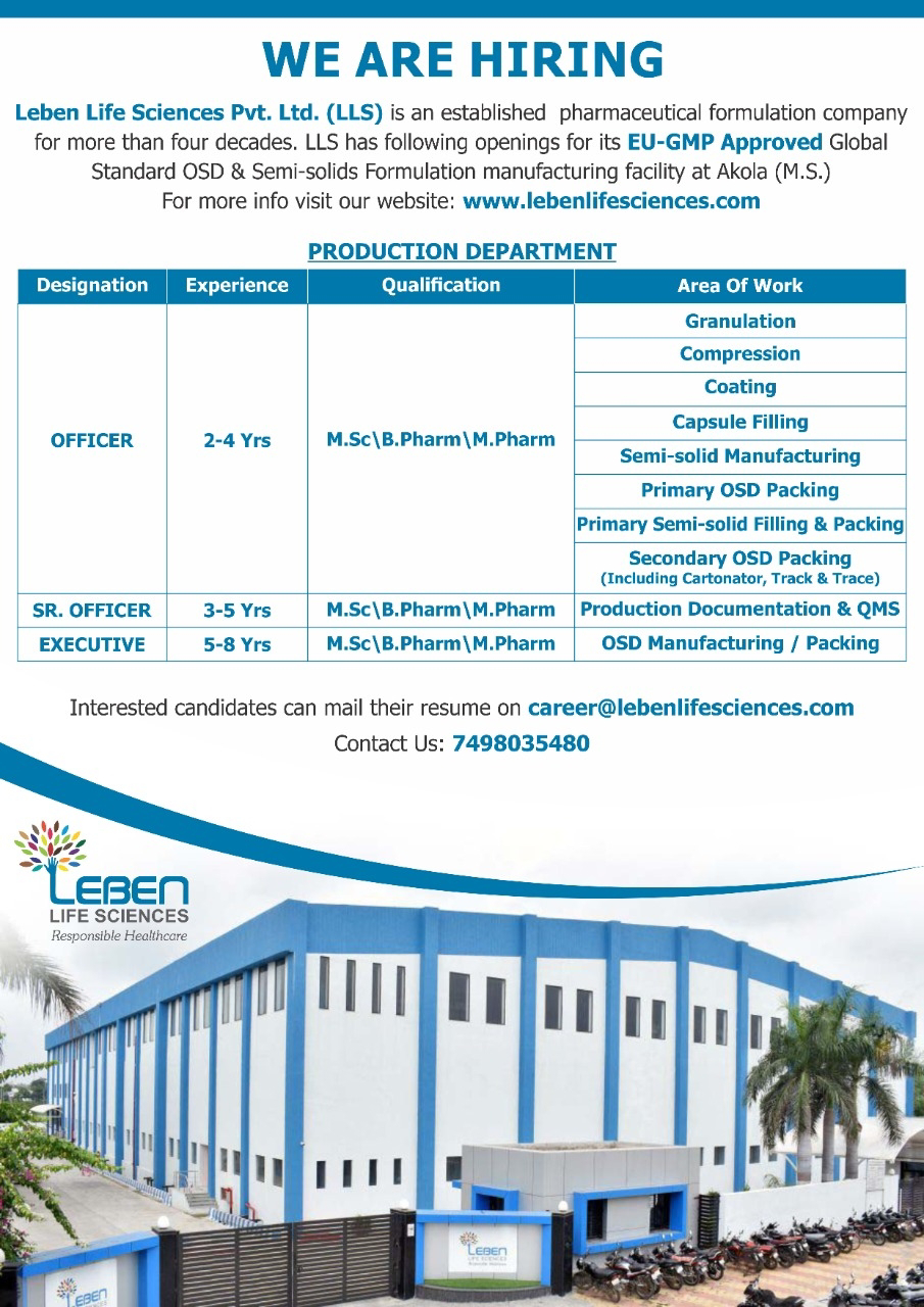 Job Availables, Leben Lifesciences Job Vacancy For Msc/ B Pharm/ M Pharm- Production Department