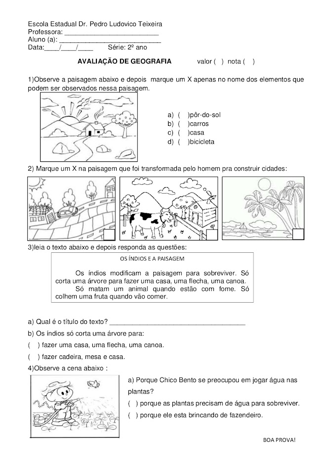 Avaliação de Geografia 2º Ano 4º Bimestre.