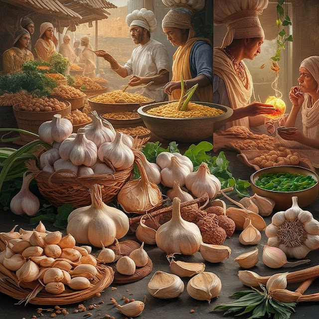 An artistic depiction of ancient civilizations using garlic for culinary and medicinal purposes