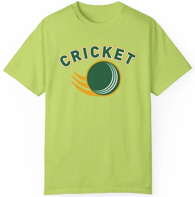 Garment Dyed Personalized Cricket T-Shirt With illustration of Flying Cricket Ball and Text Cricket on Top