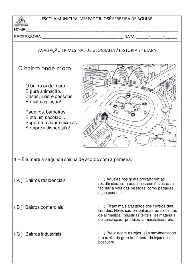 Avaliação de História e Geografia: Bairros, Moradias, Áreas Urbanas e Rurais.