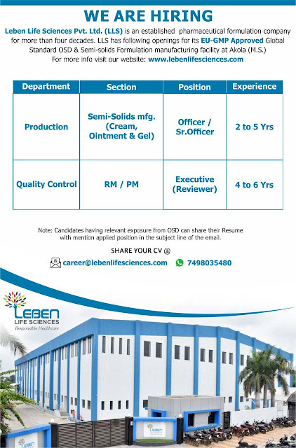 Leben Life Sciences Job Vacancy For Production & QC Dept