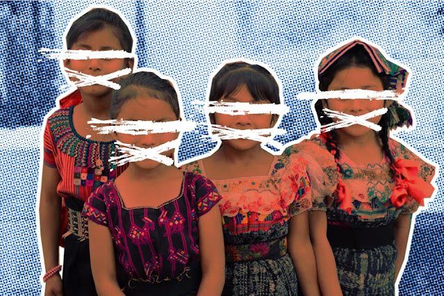 Four indigenous Guatemalan children with color overlay and lines drawn over their eyes and mouths