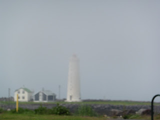 Grotta lighthouse, Reykjavik, obscured by fog bank