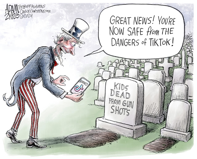 Uncle Sam holding a cell phone with the TikTok logo on the screen in a cemetary of 