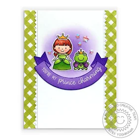Sunny Studio Blog: Purple & Green Gingham Princess & Frog Card (using Enchanted, Background Basics & Banner Basics Stamps and Ric Rac Border Dies)