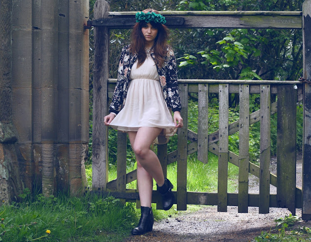 uk fashion blogger, wearing rose crown, nude topshop dress and floral bomber jacket from zara, styled with all saints jukes biker boots. countryside chic outfit, english 