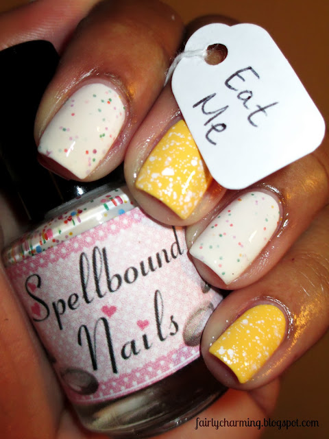 Spellbound Nails, Alice in Wonderland, Down the Rabbit Hole, Upelkuchen, Pishsalver, funfetti cake, yellow, white glitter, glitter, nails, nail art, nail design, mani