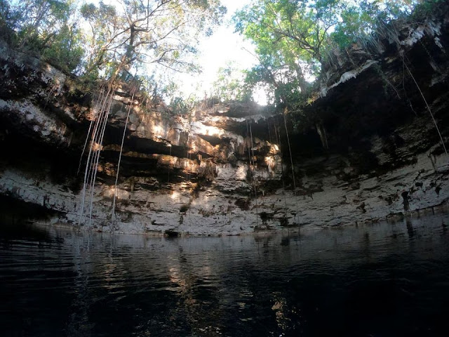 Άποψη της λίμνης γλυκού νερού, γνωστής ως cenote, όπου βρέθηκε το ξύλινο κανό που χρησιμοποιούσαν οι αρχαίοι Μάγια. [Credit: Εθνικό Ινστιτούτο Ανθρωπολογίας και Ιστορίας του Μεξικού (INAH)/μέσω REUTERS]