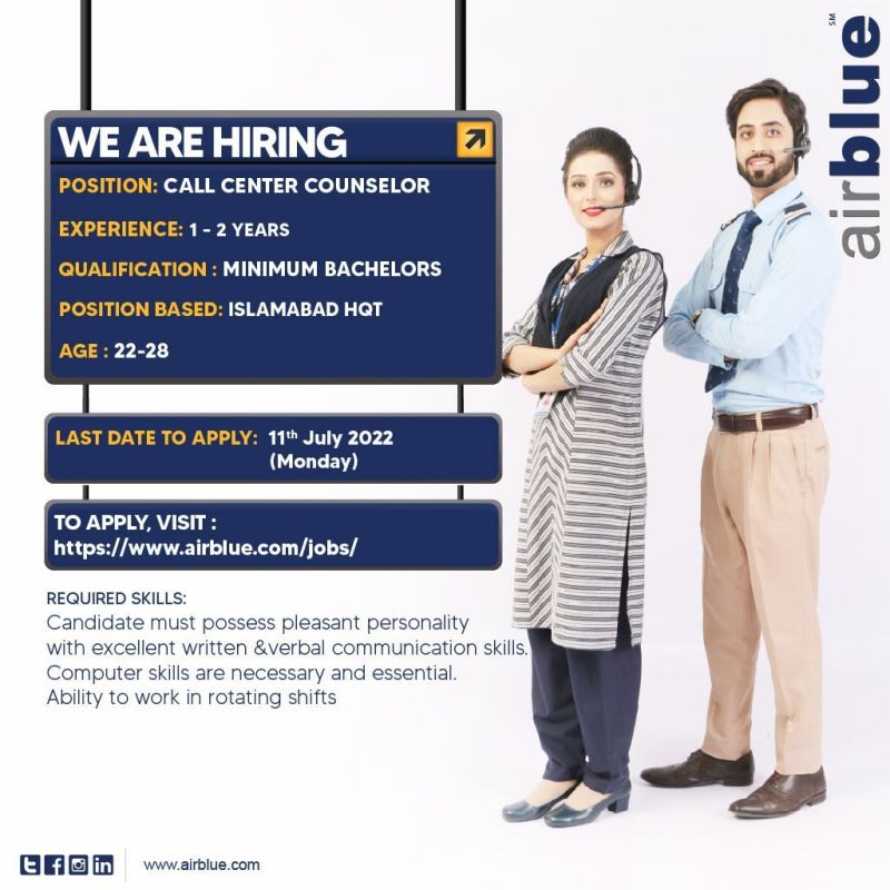 AirBlue Pakistan Jobs For Call center counselor