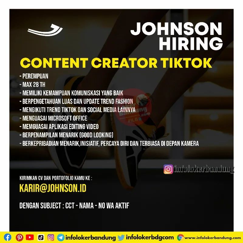 Lowongan Kerja Content Creator Tiktok & Videographer Johnson Indonesia Bandung Agustus 2022