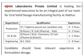 Apex Laboratories Pvt Ltd ITI/Diploma/B.Pharm /B.Tech Job Openings for Freshers and Experienced in Production QC QA Departments.
