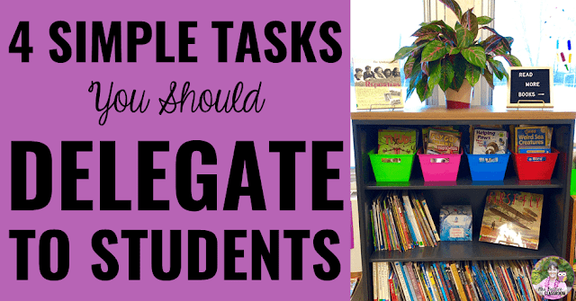 Photo of bookshelf with text, "4 Simple Tasks You Should Delegate to Students."