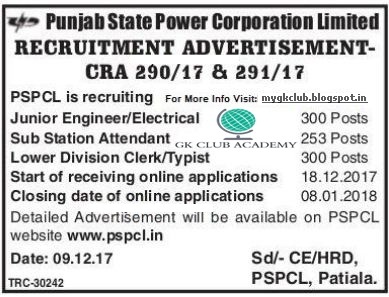 PSPCL- JE, SSA, CLERK VACANCIES SOON