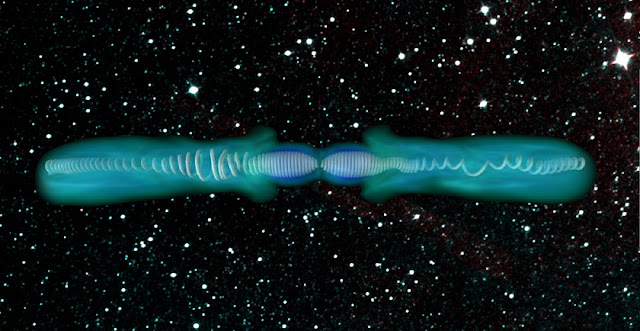 This rendering illustrates magnetic kink instability in simulated jets beaming from a galaxy’s center. The jets are believed to be associated with supermassive black holes. The magnetic field line (white) in each jet is twisted as the central object (black hole) rotates. As the jets contact higher-density matter the magnetic fields build up and become unstable. The irregular bends and asymmetries of the magnetic field lines are symptomatic of kink instability. The instability dissipates the magnetic fields into heat with the change in density, leading them to become less tightly wound. (Credit: Berkeley Lab, Purdue University, NASA)