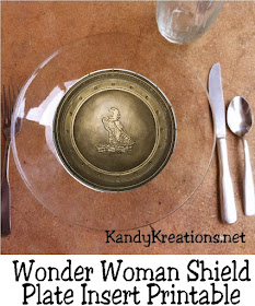 Throw a fun Wonder Woman party with these printable plate inserts.  These inserts fit under a glass plate from Walmart and make a fun way to dress up your dinner party.