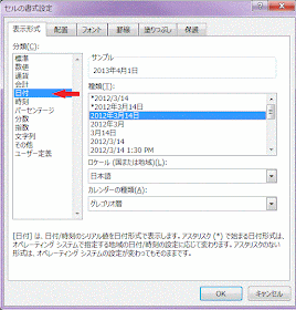 ［表示形式］タブ－分類の［日付］
