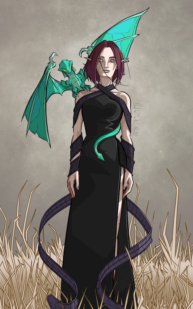 A tall she-elf in a long, shoulder-and-sleeveless black gown. Her hair is burgundy, straight and trimmed to around neck length. One of her eyes is clouded over, and there is scarring around it. A long purple scarf or stole is wrapped around both her arms, the two ends trailing onto the ground in front of her. An emerald-green pseudodragon is perched on her shoulder, and all around her are stalks of dried grass.