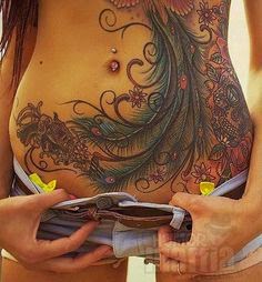 Women Hip with Black Feather Tattoo, Women Lower Hip Tattoo Designs, Amazing Lower Hip Women Tattoos, Wonderful Women Hip Lower Tattoos, Women, Parts, Artist, Birds, 