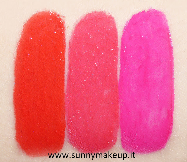 Pupa - Coral Island. Made To Last Lips. 001 Hot Coral, 002 Pink Sunrise, 003 Fuchsia Passion. swatch