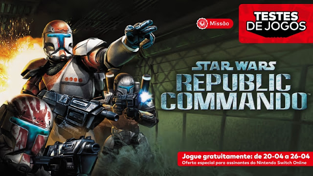 Arte de Star Wars Republic Commando com o logo do game, uma ilustração de quatro clone troopers e informações sobre quando o game estará disponível nos Testes de Jogos