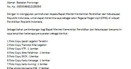 Contoh Surat Lamaran Kerja CPNS Lulusan S1 untuk Dinas 