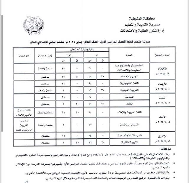 جداول امتحانات محافظة  المنوفية ترم أول 2024 %D8%AB%D8%A7%D9%86%D9%8A%20%D8%B9