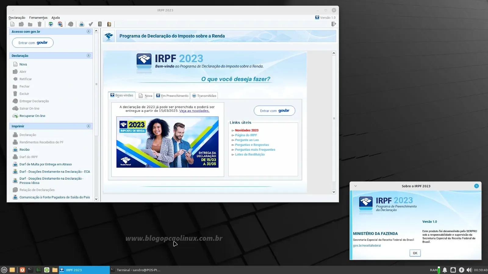 IRPF 2023 multiplataforma executando no Linux Mint 21.1 'Vera' - Xfce