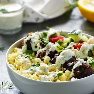 Greek Bowl with Meatballs over Couscous | by Life Tastes Good