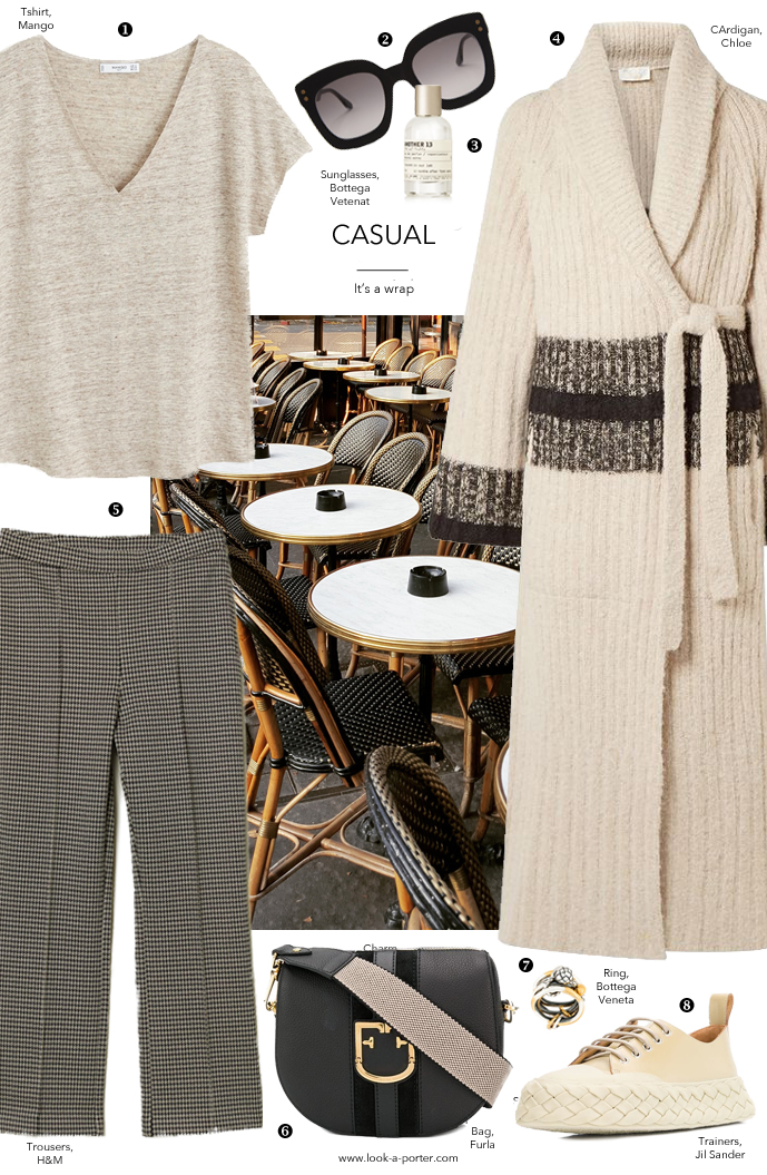 Styling a casual outfit with trainers, extra long Chloe cardigan, organic tishirt, furla bag and Bottega Veneta accessories for look-a-porter.com fashion blog, wardrobe staples, essentials, designer finds, classic style