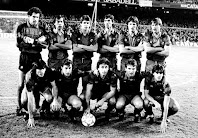 F. C. BARCELONA - Barcelona, España - Temporada 1986-87 - Zubizarreta, Gerardo, Lineker, Moratalla, Manolo y Migueli; Carrasco, Víctor, Esteban, Roberto y Marcos - F. C. BARCELONA 2 (Esteban, Roberto) REAL BETIS BALOMPIÉ 0 - 14/03/1987 - Liga de 1ª División, jornada 31 - Barcelona, Nou Camp