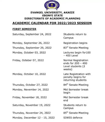 Evangel University Akaeze (EUA) Academic Calendar 1