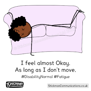 stickman with black curly hair and brown skin, exhausted on a sofa. Text "I feel almost Okay. As long as I don't move.". (c) stickman communications ltd 2023