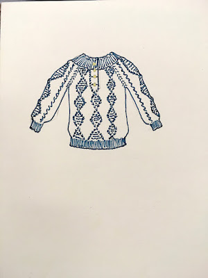 A vertical pen drawing on cream paper, of a teal-outlined and -detailed cabled sweater, with ribbed neck, cuffs, and hem, and lines of diamond cables down the arms and front, and gold buttons in a half-placket from the neck.