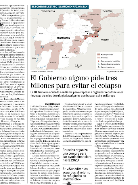 Página de El Mundo con este titular: El Gobierno afgano pide tres billones de dólares para evitar el colapso